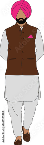 Flat minimal Punjabi man in white kurta pajama with pink turban and brown waistcoat isolated on white background