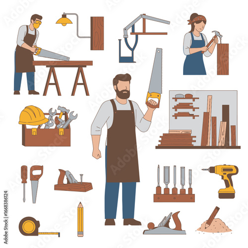 Illustration of carpenters and various woodworking tools.