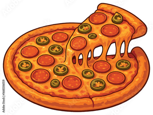 Cheesy pepperoni and jalapeño pizza vector | delicious italian food art | spicy slice