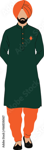 Minimal flat Punjabi man in green kurta pajama with orange turban isolated on white background