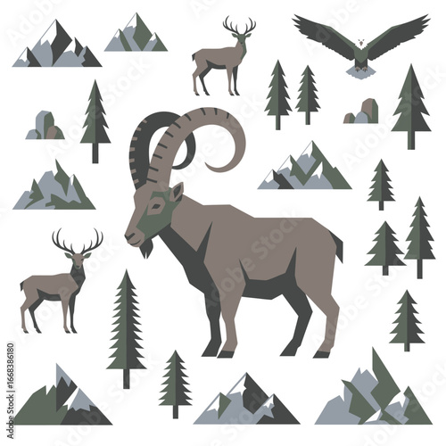 Geometric illustration of a majestic mountain goat, deer, eagle, and alpine landscape.