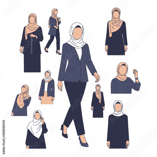 A set of vector elements of islamic women hijab fashion style dress