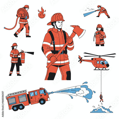 Various illustrations of firefighters and their equipment in action.