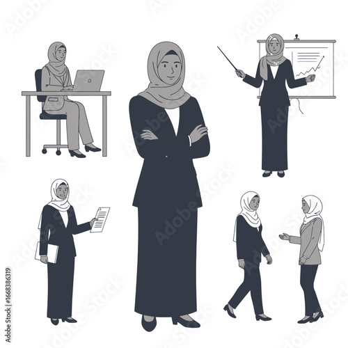 A set of vector elements of islamic women hijab fashion style dress