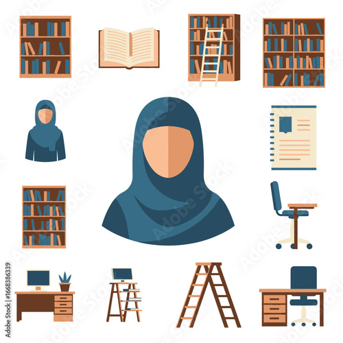 Icons depicting a Muslim woman scholar with books, library, desk, and other education elements.