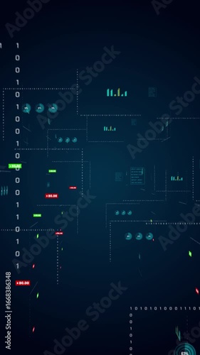 An animated vertical background showing a futuristic digital interface with a scrolling data grid and various data points, perfect for tech apps.