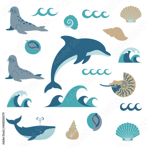 Cute ocean animals and shells illustration.