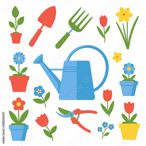Colorful illustration of gardening tools and flowers.