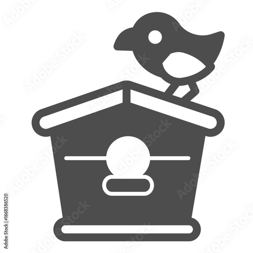 Bird house and sparrow solid icon, spring season concept. Vector graphics. Sparrow bird and wooden treehouse, handicraft sign on white background, glyph style icon for mobile or web design.