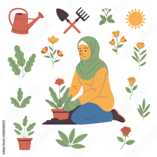 A cheerful illustration of a woman tending to her garden, planting flowers.