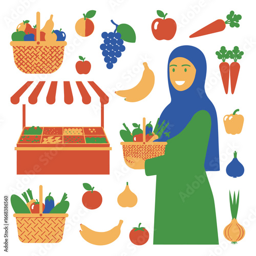 A smiling woman in a hijab holds a basket of fresh produce at a colorful farmers market.