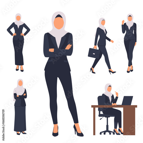 Various poses of a confident Muslim businesswoman in a hijab, showcasing professionalism and diversity.