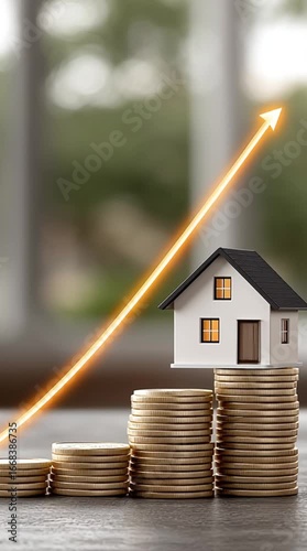 A house model on a stack of coins with a rising graph. A concept of increasing real estate prices