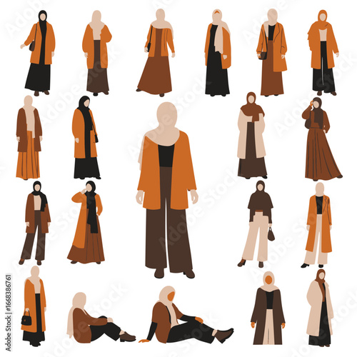 Diverse illustrations showcasing stylish hijab fashion for Muslim women.