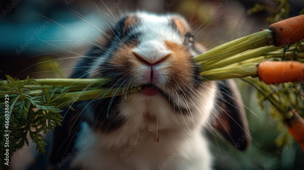 Fototapeta premium Close-up of a rabbit eating carrots and greens.