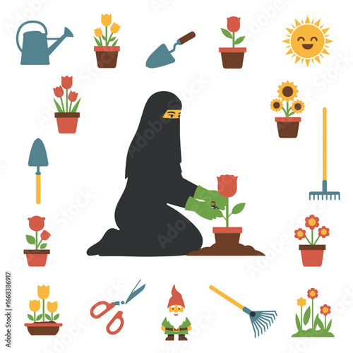 A cheerful illustration of a woman tending her garden.