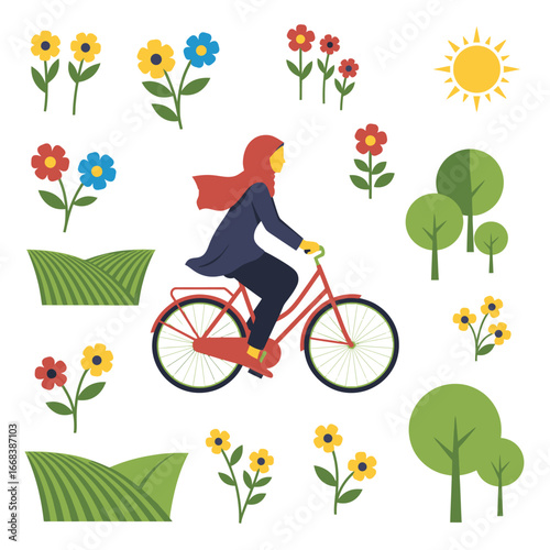 A woman in a hijab enjoys a bike ride through a vibrant spring landscape.