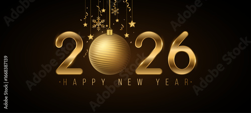 Elegant New Year 2026 greeting card design with shiny golden metallic numbers, hanging Christmas ball, snowflakes, stars and confetti on dark background. Luxury festive cover. Vector illustration.
