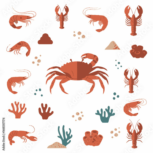 Vibrant illustration featuring various crustaceans and marine life.