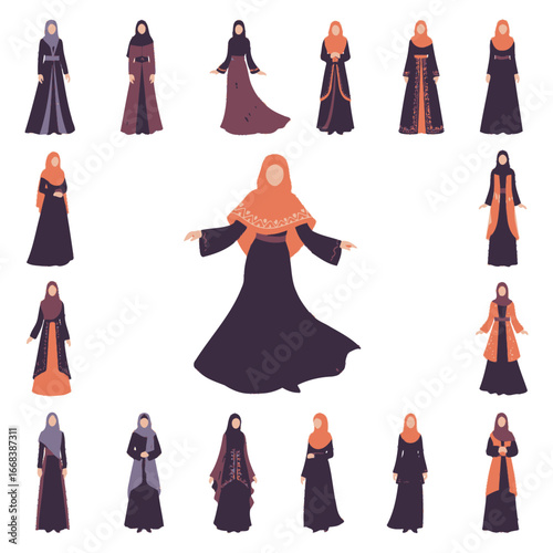 Various styles of abayas and hijabs worn by Muslim women.