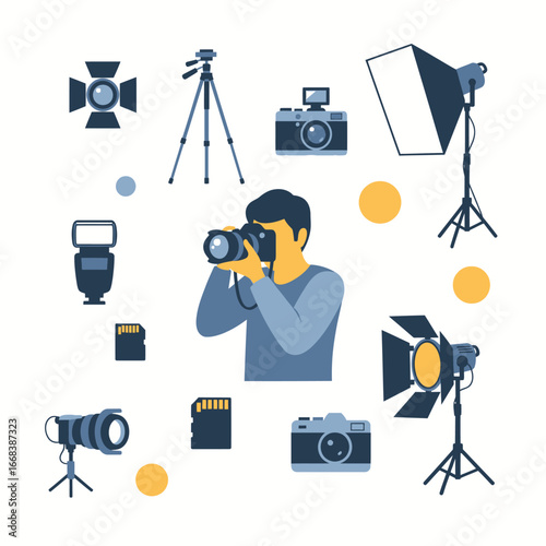 Illustration of a photographer using a DSLR camera surrounded by various photography equipment.