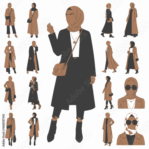 Collection of stylish hijab fashion illustrations featuring various winter coats and outfits.