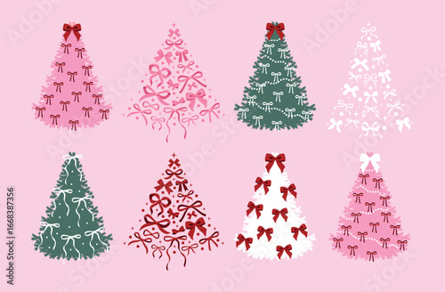 Christmas trees with different bows. Traditional symbol of Christmas and New Year. New year decoration. Retro Christmas card. Wonderful winter time. Holiday design for cards, banners, packaging and te