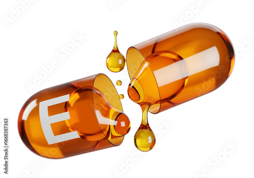 Essential Vitamin E: Golden Oil Dripping from Split Softgel Capsule