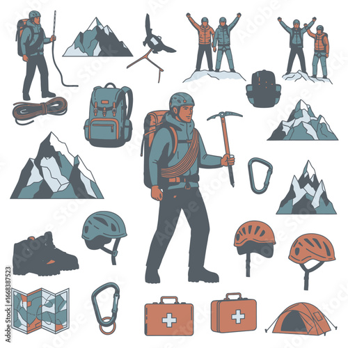 Illustrated guide to mountaineering essentials.  Explore the gear, safety, and thrill of climbing.