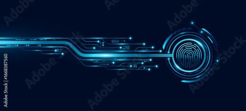 Digital tech fingerprint scan with digital HUD circle and glowing computer circuit board. Biometric data security for UI and GUI design. Futuristic touch screen button for user interface. Vector.