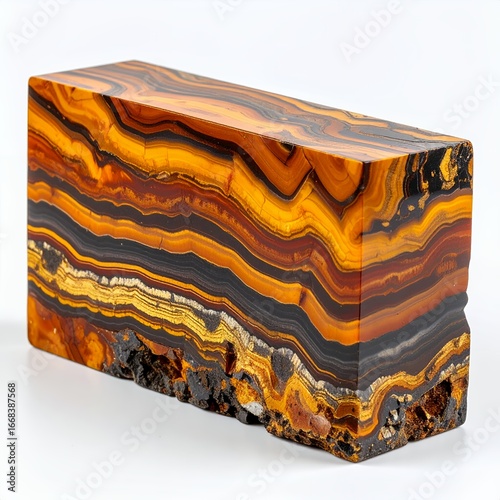 Unique specimen of polished tiger iron stone block displaying vibrant layers on white background