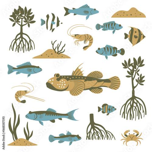 Diverse marine life thriving in a mangrove ecosystem.  Includes various fish, crustaceans, and plants.