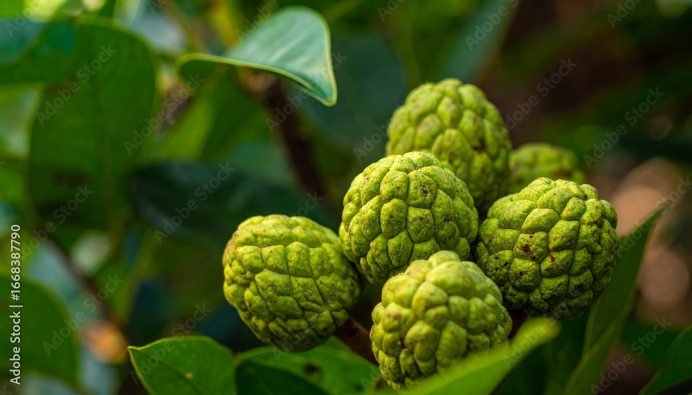 Fototapeta premium Close-up of Unripe Custard Apples on a Branch with Lush Green Leaves