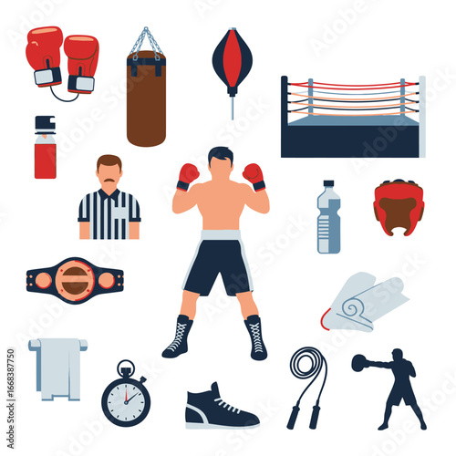 Illustration of a boxer with various boxing equipment.