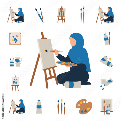 A woman wearing a hijab paints on a canvas.  Surrounding her are various art supplies.