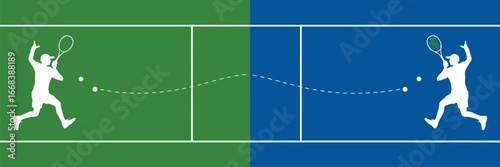 Tennis match illustration showing two players hitting a ball across a green and blue court design