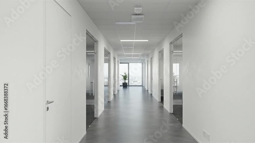 Wallpaper Mural Long hallway white walls gray floor doorsglass openings plant distant windows with city view ceiling lights Torontodigital.ca