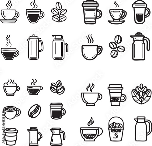 Collection of coffee related icons featuring various cups mugs coffee beans and brewing equipment in a clean silhouette style