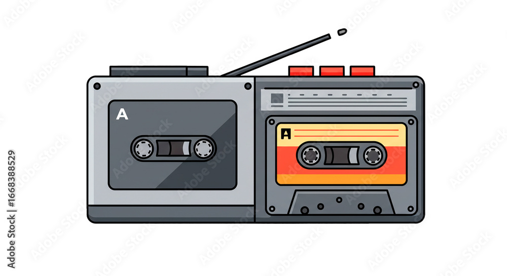 Fototapeta premium Retro cassette player vintage audio tape recorder music device portable stereo system entertainment analog media on transparent background