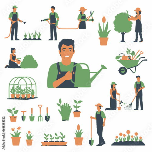 Colorful illustrations of people gardening, various plants, and gardening tools.