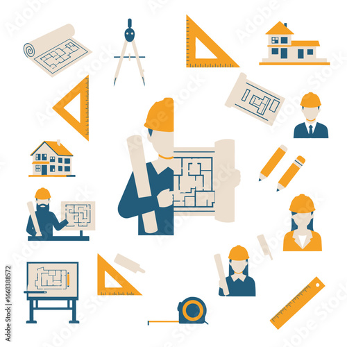Illustrative depiction of architects and their tools.  Blueprints, houses, and equipment are shown.