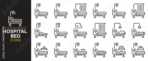 Modern hospital bed icons for medical equipment, clinics, and healthcare projects.