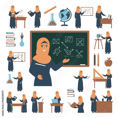 Illustrations of a Muslim female teacher in various poses, surrounded by educational resources.