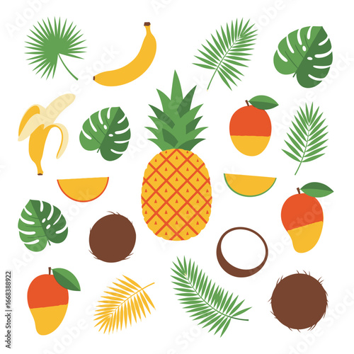 A vibrant illustration featuring tropical fruits and leaves.