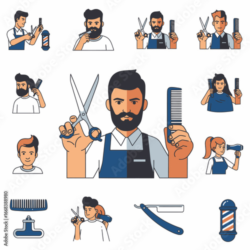 Collection of barbershop icons.  Hairstylist, tools, and clients.