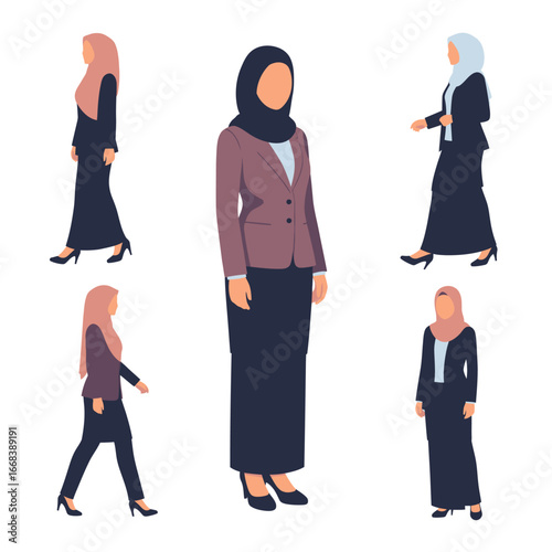 Illustration of Muslim businesswomen in various poses, showcasing diverse styles of hijab and professional attire.