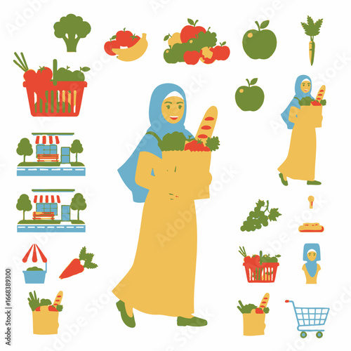 A vibrant illustration of a Muslim woman carrying groceries, emphasizing healthy eating and a balanced lifestyle.