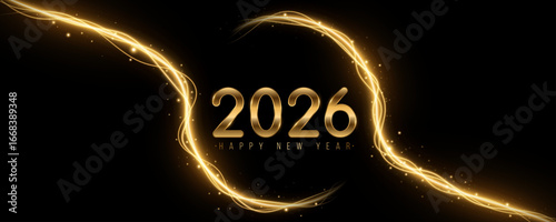 Happy New Year 2026 golden text with glowing vibrating neon waves on black background. Elegant festive cover design for holiday celebration, greeting card or party invitation. Vector illustration.