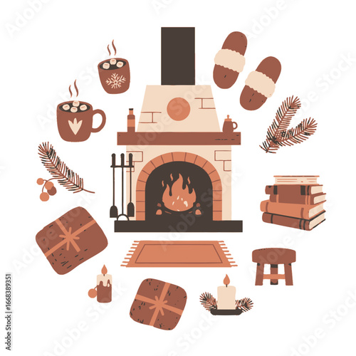 A cozy winter scene featuring a fireplace, hot chocolate, gifts, and books. Perfect for holiday cards or winter-themed designs.