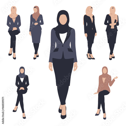 Collection of diverse Muslim businesswomen in various poses, showcasing stylish hijabs and professional attire.